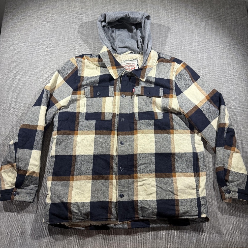 Levi's Hooded Flannel Jacket Mens XL Multicolor Plaid Sherpa Lined Parka Winter